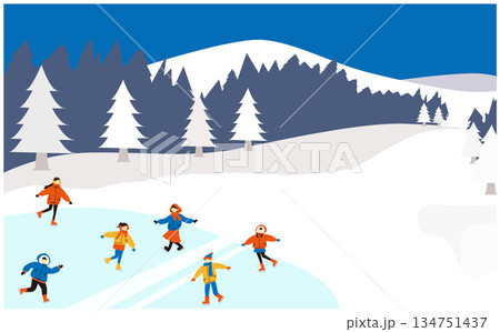 スケートリンクで遊ぶ人々のイラスト 134751437
