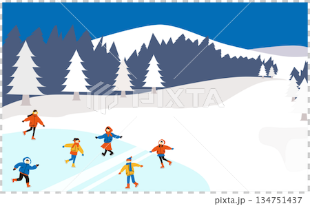 スケートリンクで遊ぶ人々のイラスト 134751437