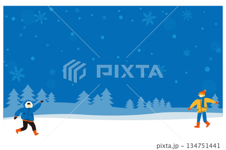 冬の背景と元気な子供達のフレームイラスト 134751441