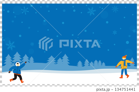冬の背景と元気な子供達のフレームイラスト 134751441