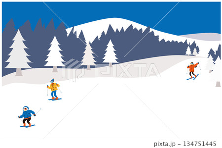 真っ白いゲレンデで遊ぶスキー客の背景イラスト 真っ白いゲレンデで遊ぶスキー客の背景イラスト 134751445