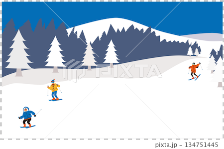 背景插圖描繪了滑雪者在純白的斜坡上玩耍的場景。 134751445