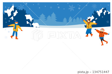 雪国の人と冬の背景フレームイラスト	 134751447