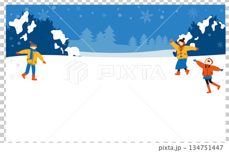 雪国の人と冬の背景フレームイラスト	 134751447