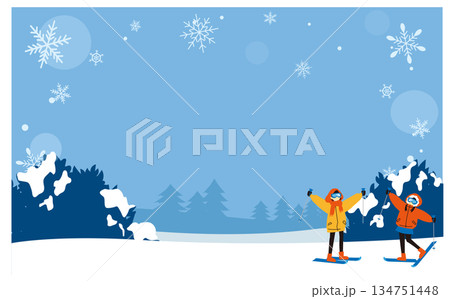 雪国の人と冬の背景フレームイラスト 雪国の人と冬の背景フレームイラスト 134751448