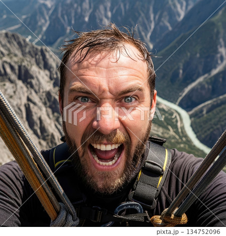 Man screaming during extreme outdoor mountain adventure 134752096