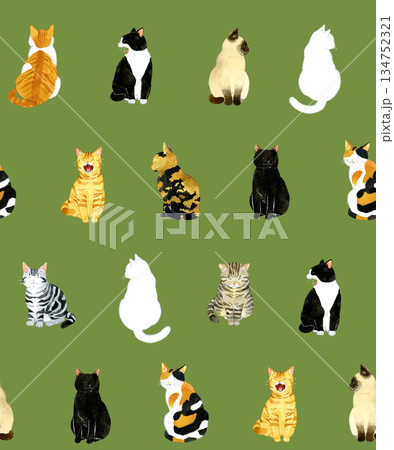 座るかわいい猫のシームレスパターン 動物・ペットの手描き水彩イラスト背景素材 座るかわいい猫のシームレスパターン 動物・ペットの手描き水彩イラスト背景素材 134752321