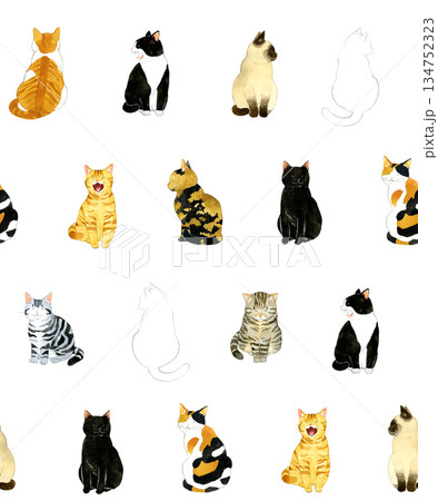 座るかわいい猫のシームレスパターン　動物・ペットの手描き水彩イラスト背景素材 134752323