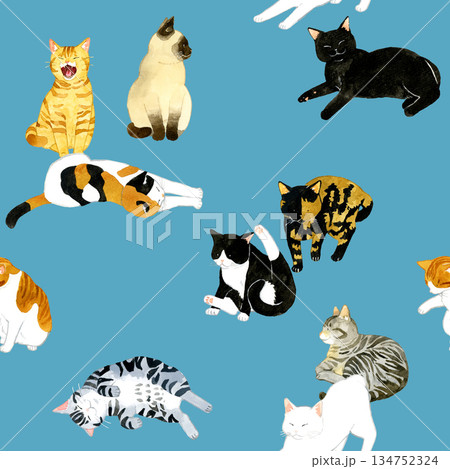 かわいい猫たちのシームレスパターン　動物・ペットの手描き水彩イラスト背景素材 134752324