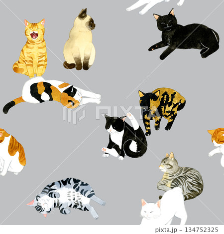 かわいい猫たちのシームレスパターン　動物・ペットの手描き水彩イラスト背景素材 134752325