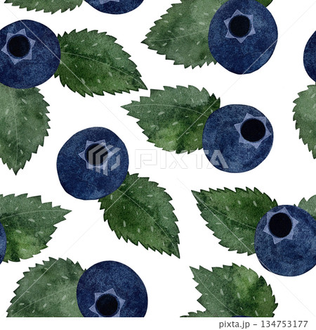 This seamless watercolor pattern features vibrant blue blueberries paired with fresh green mint leaves on a white background. 134753177