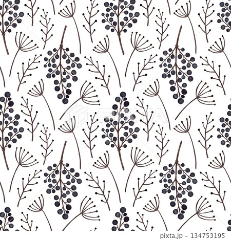 This watercolor seamless pattern features delicate grass twigs and berry branches without leaves on a crisp white background. This watercolor seamless pattern features delicate grass twigs and berry branches without leaves on a crisp white background. 134753195