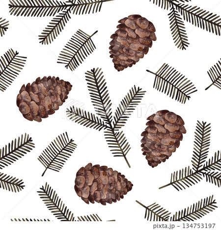 Watercolor Seamless Pattern of Pine Cones and...のイラスト素材 [134753197] - PIXTA