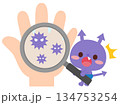 大きな虫眼鏡を持つばい菌のキャラクターと手 134753254