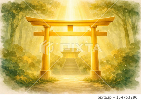 Golden Torii and Sacred Light 金色の鳥居と神聖な光の神社風景 134753290