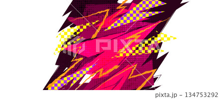 Dynamic Abstract Sport Background with Red Brush Strokes, Lightning Shapes and Halftone Effects. Creative Sport Banner in Retro and Pop Art Style 134753292