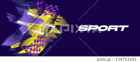 Modern and Dynamic Sport Background with Purple and Yellow Brush Strokes in Grunge Style, and Halftone Pattern. Creative Sport Banner in Retro and Pop Art Style 134753293