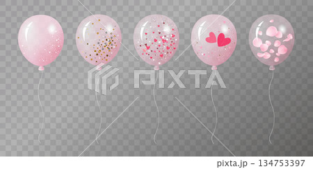 Set of pink party balloons with glitter, hearts, and rose petals on transparent background for Wedding and Valentine's day Vector illustration Set of pink party balloons with glitter, hearts, and rose petals on transparent background for Wedding and Valentine's day Vector illustration 134753397