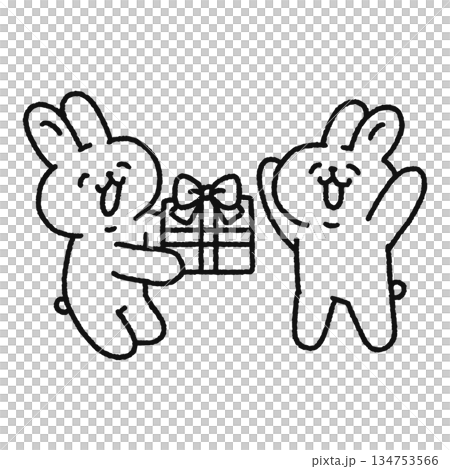 プレゼントを贈る笑顔のウサギ　線画 134753566