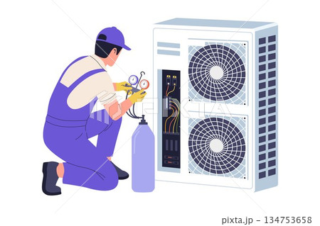 Professional HVAC Technician Repairing Outdoor Air Conditioning Unit with Tools Professional HVAC Technician Repairing Outdoor Air Conditioning Unit with Tools 134753658