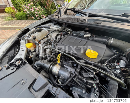 A Detailed View of a Contemporary Automotive Engine Compartment Showcasing Its Efficient Design and HighQuality Components That Contribute to Enhanced Performance and Improved Functionality 134753795