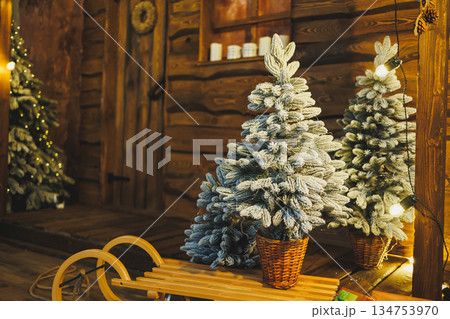 In a winter landscape, a scene unfolds with decorated Christmas trees in a cozy cabin, where friends and family joyfully gather to celebrate the festive holiday season filled with warmth and cheer In a winter landscape, a scene unfolds with decorated Christmas trees in a cozy cabin, where friends and family joyfully gather to celebrate the festive holiday season filled with warmth and cheer 134753970