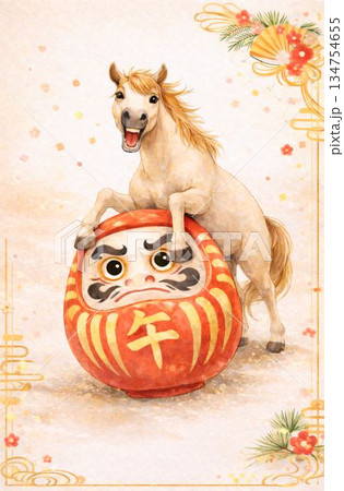 正月の縁起物　達磨に乗る馬の和風イラスト背景(ダルマ目あり) 134754655