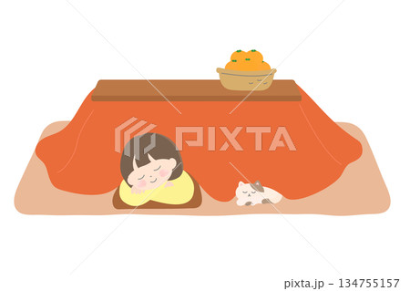 こたつで眠る女の子と猫のかわいい日本の冬イラスト 134755157