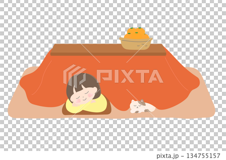 こたつで眠る女の子と猫のかわいい日本の冬イラスト 134755157
