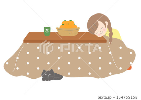 こたつで座ってうたた寝する女の子と猫　日本の冬のかわいいイラスト 134755158