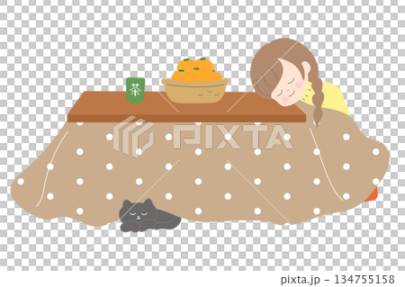 こたつで座ってうたた寝する女の子と猫　日本の冬のかわいいイラスト 134755158