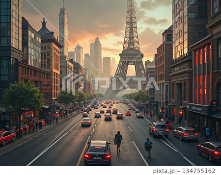 交差点から見た国会議事堂の夕景 134755162