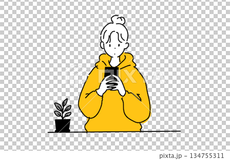 一位女士正在看智慧型手機的線條畫,風格簡潔。 一位女士正在看智慧型手機的線條畫,風格簡潔。 134755311