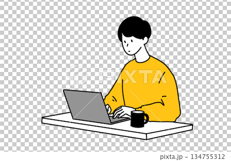 Illustration of a young man working on a computer Line drawing Simple Illustration of a young man working on a computer Line drawing Simple 134755312