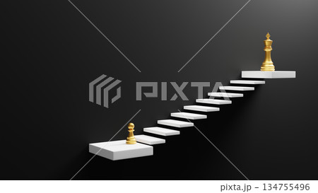 Golden king and pawn chess pieces on white stairs leading to success with copy space 3D render 134755496