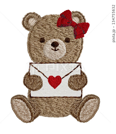 【ラブレターとテディベア】手刺繍イラスト素材 134755632