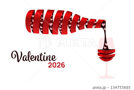 Abstract red ribbon shaped as wine bottle pouring hearts into a glass. Creative Valentine's Day celebration concept on white background. Abstract red ribbon shaped as wine bottle pouring hearts into a glass. Creative Valentine's Day celebration concept on white background. 134755685