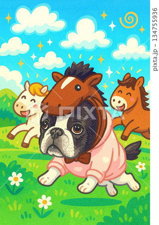 フレンチブルドッグ、夢の草原を駆ける 134755936