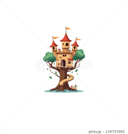 Enchanting treehouse castle amidst verdant foliage evokes whimsical childhood fantasy and playful Enchanting treehouse castle amidst verdant foliage evokes whimsical childhood fantasy and playful 134755991