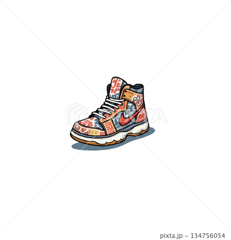 Vibrant athletic footwear illustration showcasing dynamic patterns and sleek style that blend 134756054