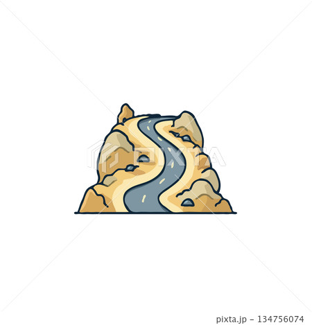 Winding river through arid terrain illustration showcasing a scenic route across elevated rocky Winding river through arid terrain illustration showcasing a scenic route across elevated rocky 134756074