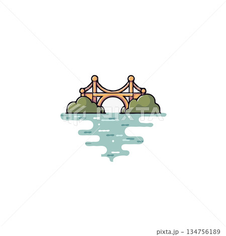 Stylized bridge scenery illustration crossing a body of water with nature elements artistic 134756189