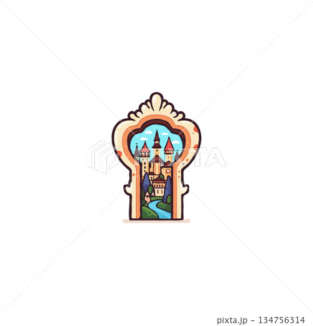 Magical kingdom glimpse through decorative keyhole, whimsical fairytale scene reveals serene 134756314