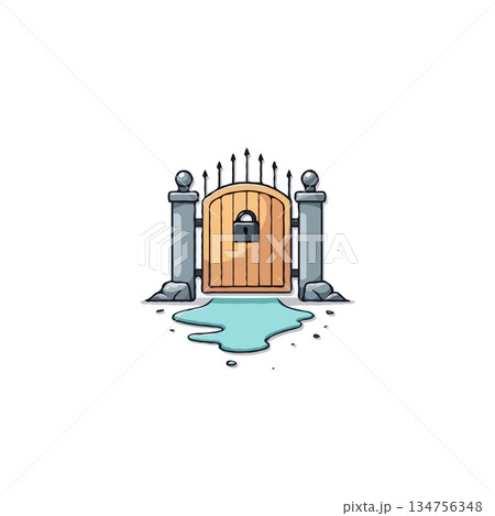 Enigmatic portal with imposing gate design hinting at hidden realms beyond watery surface mystery Enigmatic portal with imposing gate design hinting at hidden realms beyond watery surface mystery 134756348