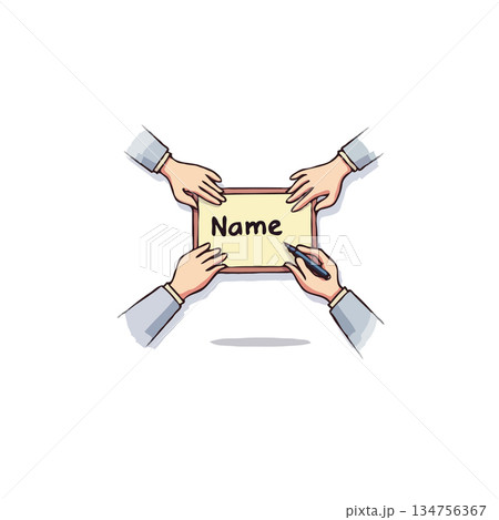 Four hands collaboratively holding a sign with the word name being written during conference for 134756367