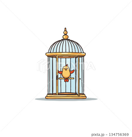 A cartoon bird rests peacefully inside a vintage ornate gold birdcage rendered with illustrative 134756369