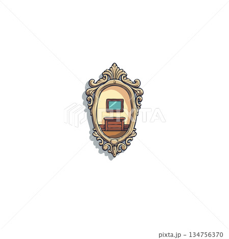 Ornate vintage mirror reflecting minimalist room interior scene enhancing space and adding 134756370