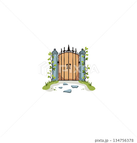Enchanted garden gateway illustration depicting a secure and inviting passage enhanced by verdant 134756378