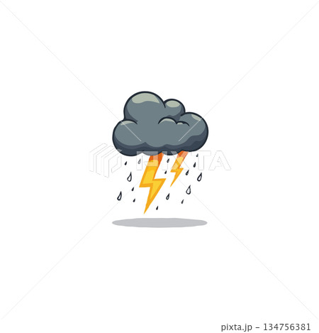 Cartoonish gray cloud emitting lightning and rain representing bad weather phenomenon during 134756381