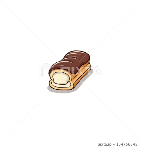 Delicious chocolate eclair illustration showcases a freshly baked pastry with creamy filling on 134756545